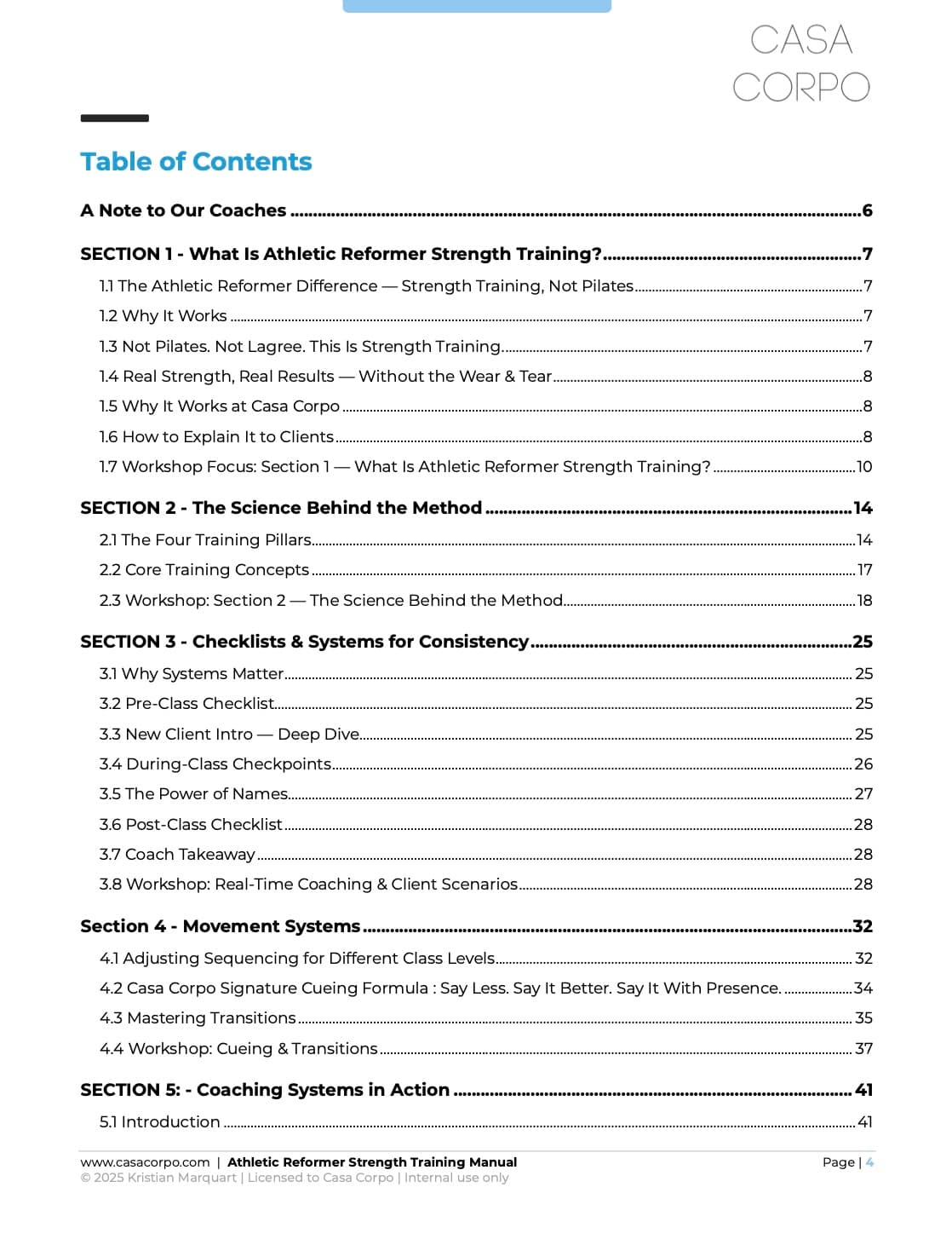 Training Manual Table of Contents
